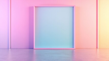 Minimalist pastel wall with glowing frame and gradient hues blending pink, blue, and yellow tones in a modern interior design