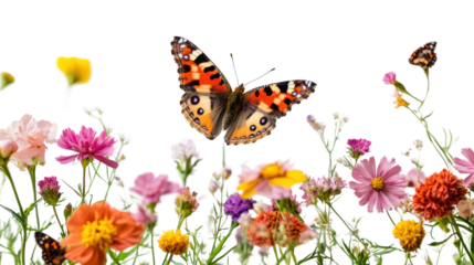 A vibrant scene with colorful flowers in full bloom, attracting butterflies. This enchanting garden setting is perfect for nature lovers and photographers.