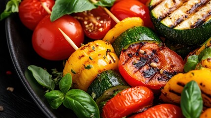 A savory array of grilled Mediterranean vegetable skewers with tomatoes, bell peppers, zucchini, and fresh basil, exuding appetizing grilled marks and vibrant colors.