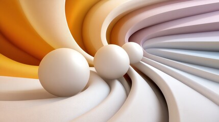 Abstract white spheres on curved pastel orange and yellow waves blending into soft lilac and blue hues in a modern artistic design