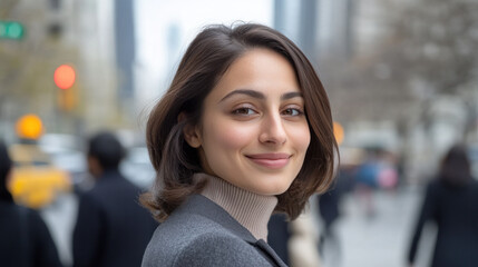 Fototapeta premium Pakistani business woman walking in street among skyscrapers in new york city
