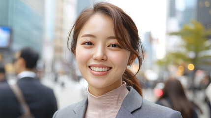 Obraz premium Korean business woman walking in street among skyscrapers in new york city