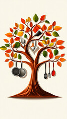 Naklejka premium Vegan and plant-based culinary arts, colorful tree with autumn leaves features kitchen utensils hanging from its branches, creating warm and inviting atmosphere