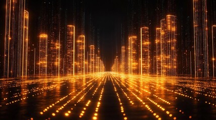 Glowing digital city street at night.