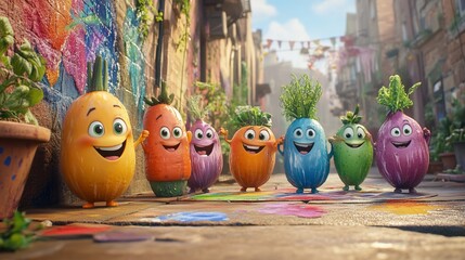 Fototapeta premium Happy veggie friends stroll colorful alley