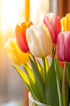 Pascua y tulipanes frescos en tonos pastel iluminados por la luz del sol