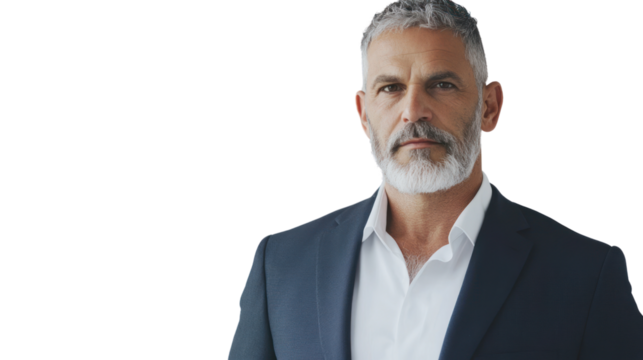 A confident middle-aged man in a professional suit stands against a neutral background, exuding authority and sophistication in a corporate setting.