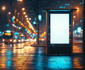 Backlit poster display on wet city street at night with blurred traffic lights, perfect for showcasing advertisements or promotional designs