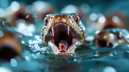 Dynamic image of a snake's head surfacing from water, mouth agape showing fangs, highlighting aggression and survival instinct merged in aquatic finesse.