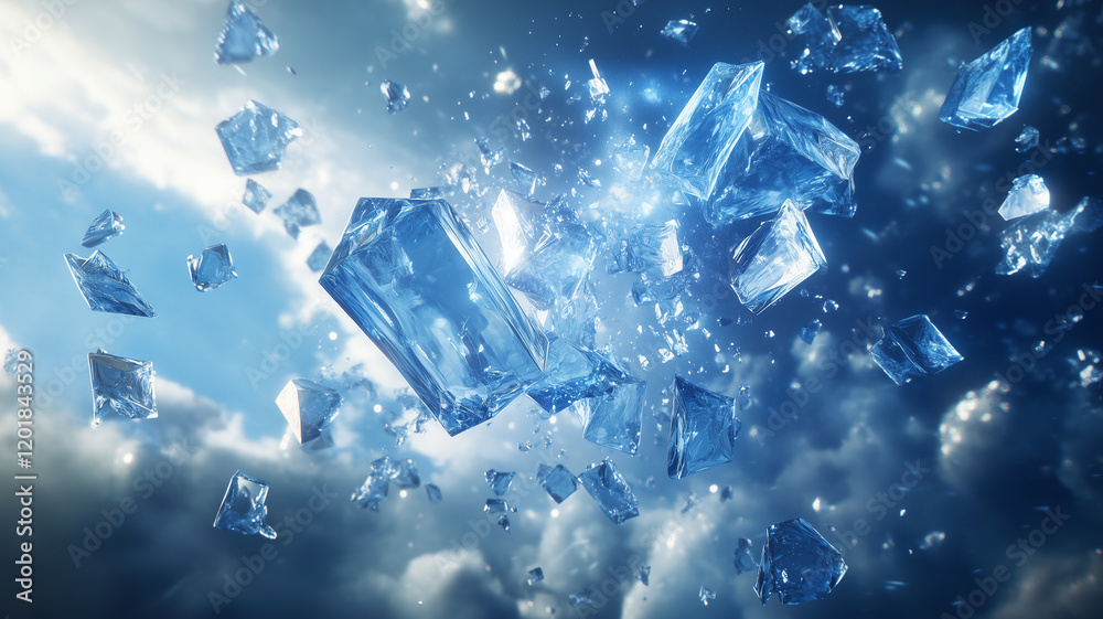 Wall mural Stunning blue ice shards float in dynamic sky, creating captivating visual effect. interplay of light and texture adds depth to this mesmerizing scene