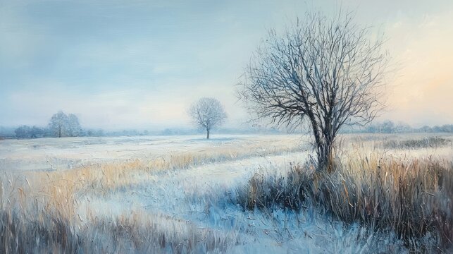 Frosty winter landscape with two leafless trees in a snowy field at sunrise.