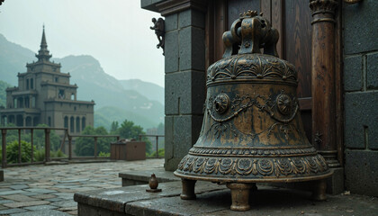Obraz premium Ancient bronze bell in front of a traditional temple with misty mountains in the background and copy space