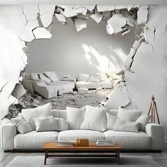 Interior Design with Broken Wall Leading to Other Furniture and Couch in Room Setting