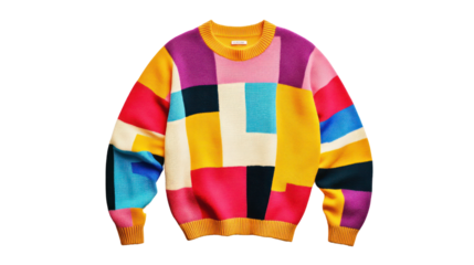 A vibrant, colorful sweater with abstract patterns, perfect for casual wear. Ideal for a stylish, cozy look in any season.