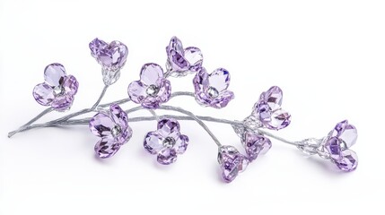 Delicate purple flowers crafted with shimmering crystals on a white background.