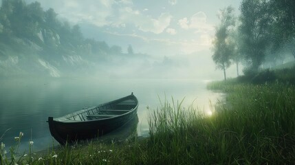 Obraz premium Serene misty morning, rowboat on calm lake shore.