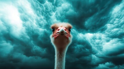 With a backdrop of tumultuous skies, an ostrich stands steadfast, embodying calm amidst chaos, its expression resonating with awe and courage in nature.
