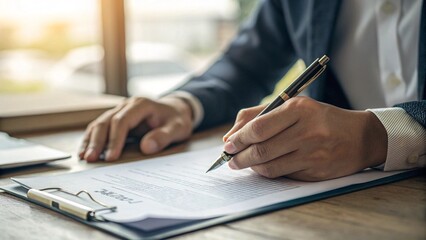 A person writing out a contract, holding a pen and paper on the desk, in a stock photo style, with a close-up shot, soft lighting, and high-resolution photography.