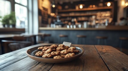 A rustic plate of cookies with a background of a cozy cafÃ© setting --ar 16:9 --v 6.1 Job ID: c7d5e274-d6c8-4369-9f26-4d9b3b1889a5