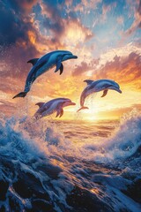 Image of A dynamic shot of dolphins leaping out of the ocean, framed by a colorful horizon printed on Printed Glass Splashbacks