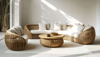 Fototapeta premium Interior of light living room with sofas, rattan table and soft carpet