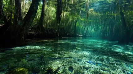 Tranquil underwater view of a clear river flowing through a lush green forest with dangling moss