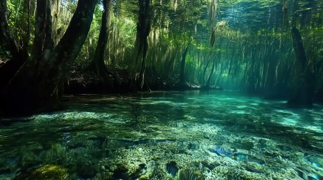 Tranquil underwater view of a clear river flowing through a lush green forest with dangling moss