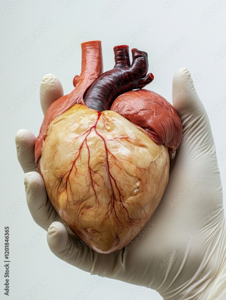Poster realistic anatomical heart held in gloved hands with detailed vascular structure and natural colorat