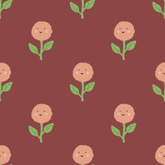 Naive Seamless Pattern with Smile Flowers. Kawaii Style Repeatable Print. Cute Nursery Endless Design ideal for Fabric, Wrapping Paper. Blooming Garden.