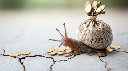 Snail carrying a sack of coins over cracked terrain symbolizing slow economic growth and rising inflation.
