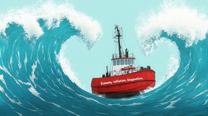 Ship labeled economy facing giant waves symbolizing inflation and economic stagnation challenges  
