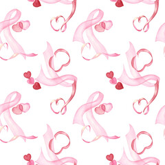 Fototapeta premium Pink hearts and ribbons pattern. Watercolor