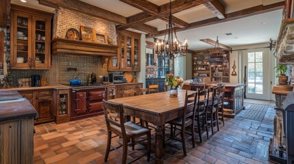 An inviting European kitchen with rustic wooden cabinets, a farmhouse table, and vintage decor, creating a warm and cozy atmosphere perfect for family gatherings.