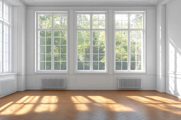 Large empty room with with white walls, window and parquet floor.  
