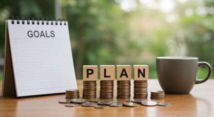 Goal setting with savings. Wooden cube with word plan alongside stacked coin and goal notepad. Concept emphasizing financial planning, saving for future goals, and economic resource management