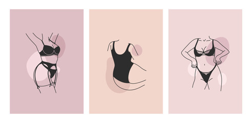 Beautiful minimal linear set of female silhouettes in lingerie. Simple women figure in underwear. Abstract sensual concept. Outline design for print, poster, card, banner, cover, social media template