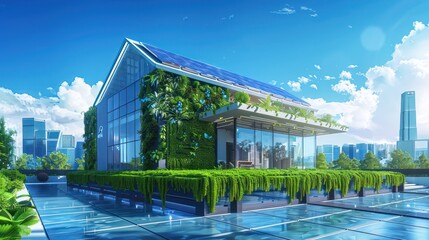 Obraz premium A compact smart home with solar panel roofing, a vertical garden, and smart lighting, set in an urban cityscape under blue skies, showcasing sustainability.