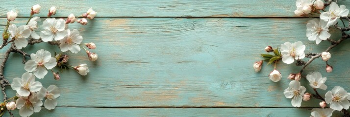 Fototapeta premium A light green wooden background adorned with cherry blossom branches