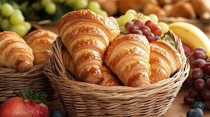 A basket of fresh croissants and fruit set out for a relaxing morning picnic