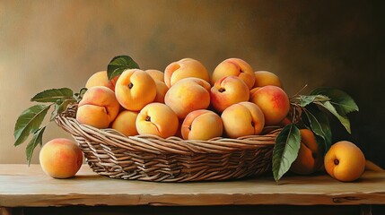 A basket of fresh, golden peaches with leaves, displayed on a light wooden table