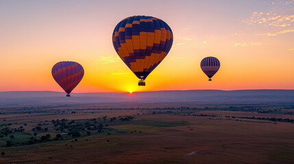 Naklejka premium Montgolfières colorées survolant un paysage sauvage au coucher du soleil doré.