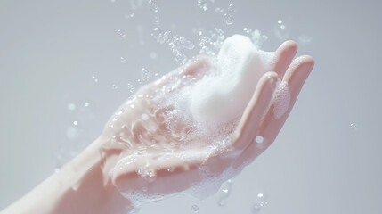 Fototapeta premium Close-up of hands covered in rich lather, water splashing around them, evoking a sense of cleanliness and freshness.