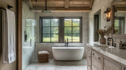 A bathroom with a walk-in shower enclosed by smart glass that turns opaque for privacy