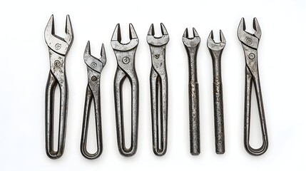 Assortment of Essential Metallic Tools Arranged on a White Background