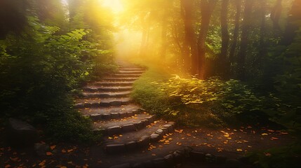 Obraz premium Stone Staircase Through Forest With Sunlight Warmth On Leaves And Ground