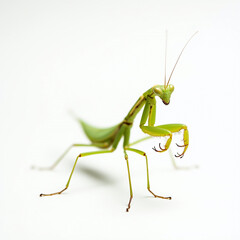 a praying mantis taken from the side, showcasing its slender body and curved forearms.