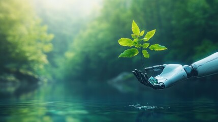 Robotic hand nurtures new growth forest stream nature tranquil environment close-up eco-technology concept