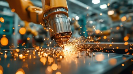 A robotic arm is performing operations in a factory setting with vibrant sparks flying around, highlighting the concept of automation and modern industry processes.