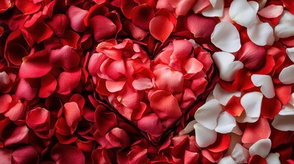 A heart shape crafted with an array of red and white petals, illustrating the depth of love and unity in a visually striking floral arrangement on a textured backdrop.