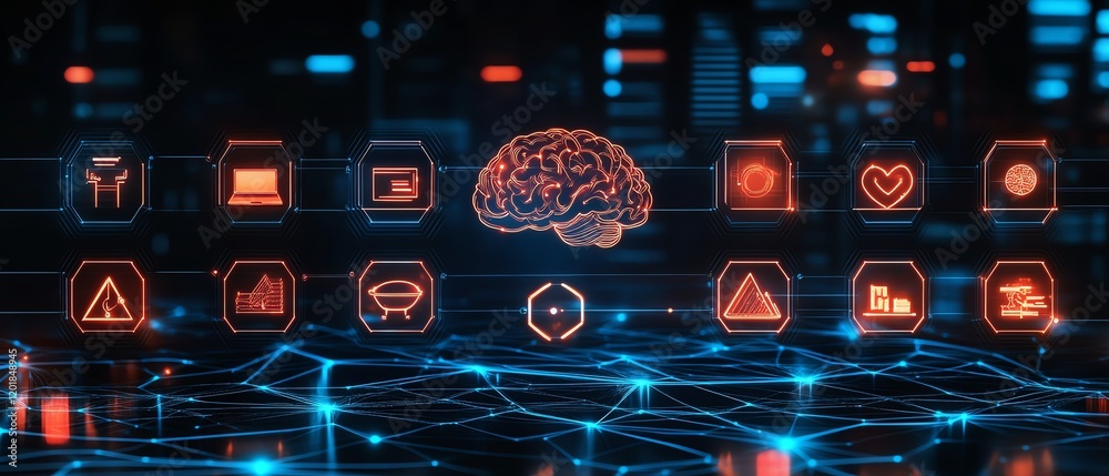 Poster digital brain with glowing ai icons and neural networks, human thought and technology fusion, artifi